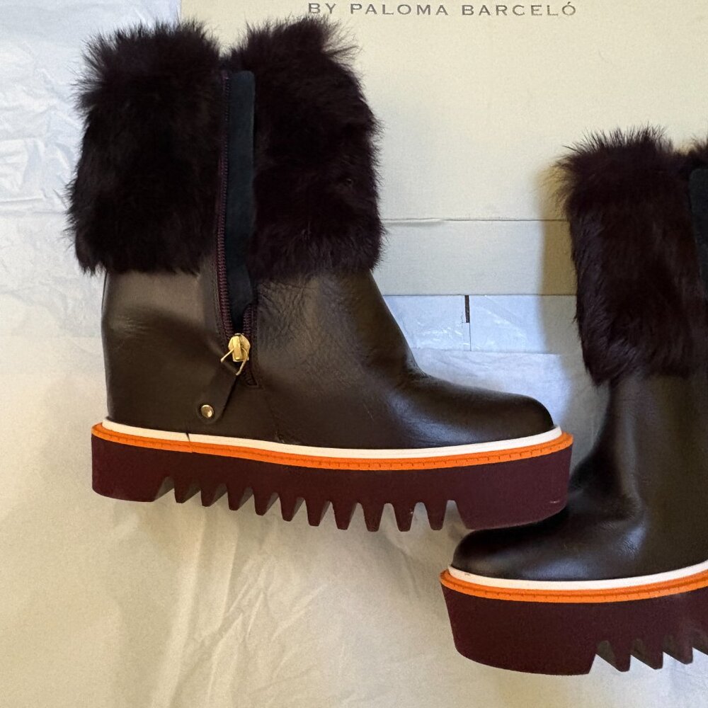 Palomitas Paloma Barcelo Boots Wedge Booties Sz 38EU/37.5US Real Fur Decor $590 - Picture 4 of 13